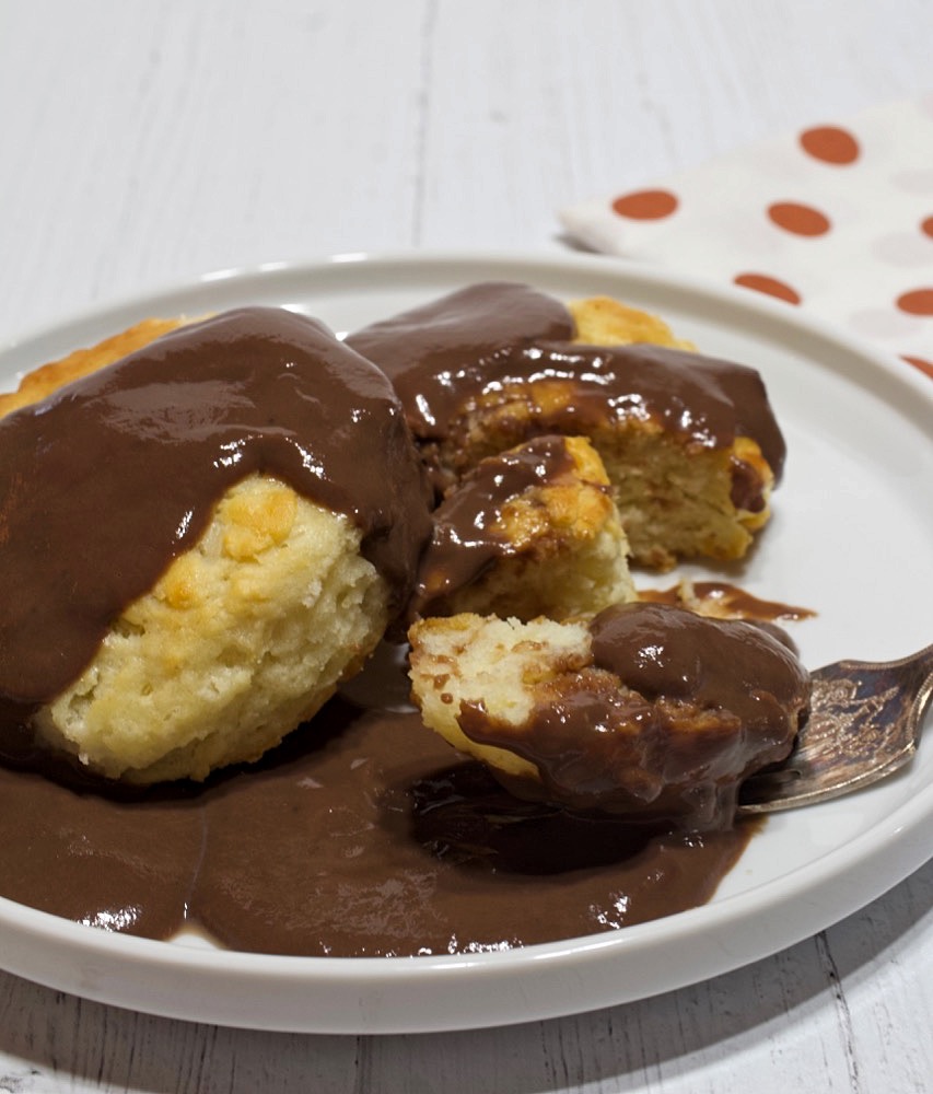 Chocolate gravy poured over biscuits.