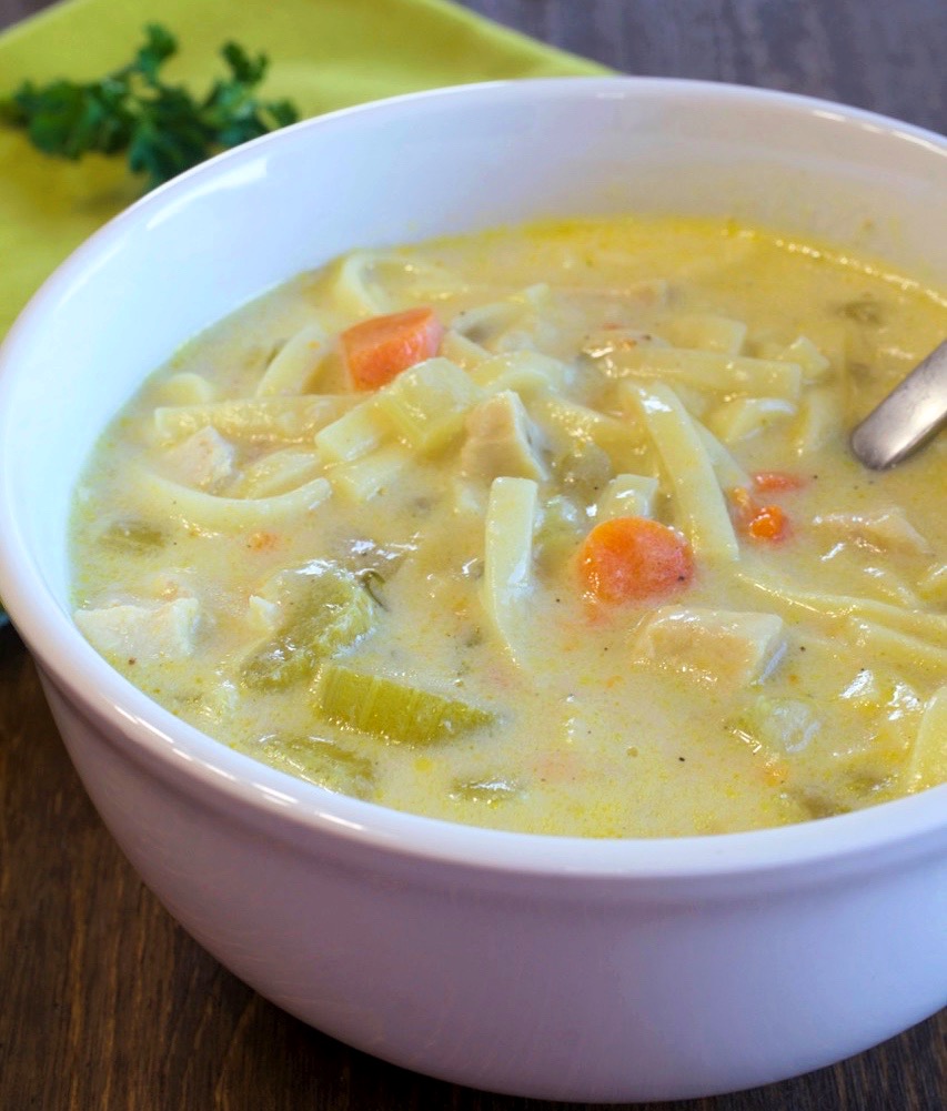 Creamy chicken noodle soup.