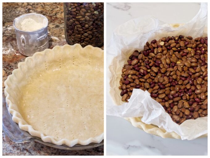 How to pre bake an empty pie crust for a pumpkin pie. The picture on the left shows an empty pie shell and the picture on the right shows a pie shell lined with parchment paper and beans.