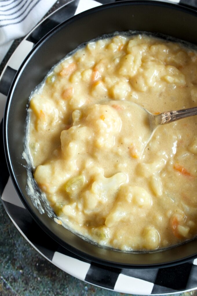 A bowl of creamy Cauliflower Soup.