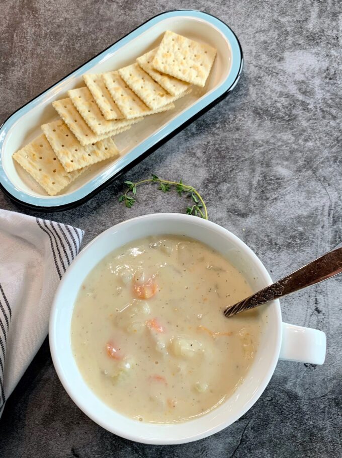 A bowl of homemade creamy potato soup.