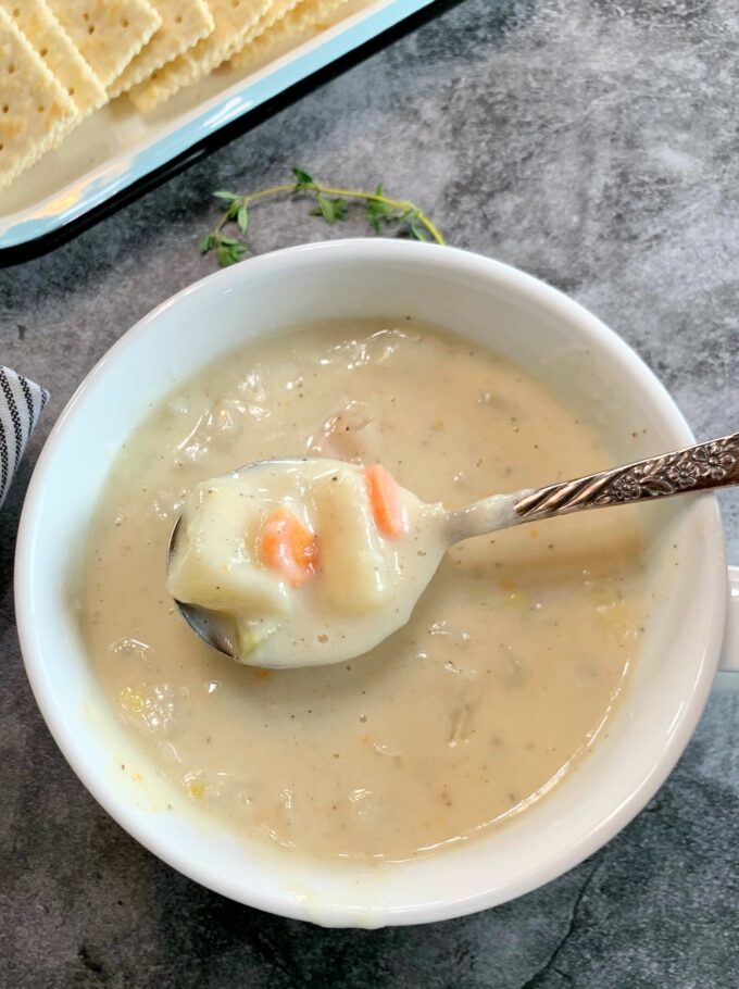 A bowl of homemade creamy potato soup.