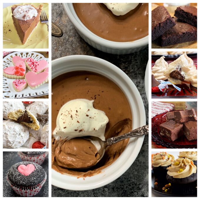 A collage picture of several Valentine's Day desserts.