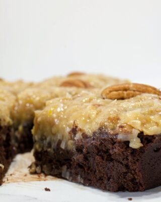 Cocoa Brownies with Coconut Pecan Frosting