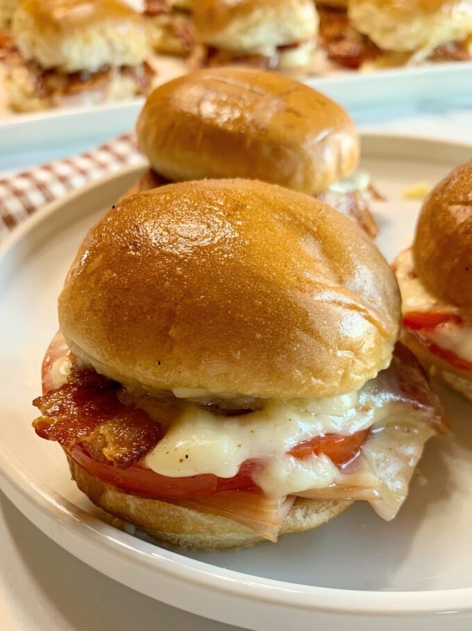 Kentucky Hot Brown Sliders on a white plate.