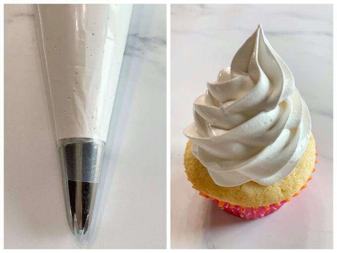 The picture on the left is a piping bag full of Swiss meringue frosting and the picture on the left is Swiss meringue frosting on a cupcake.