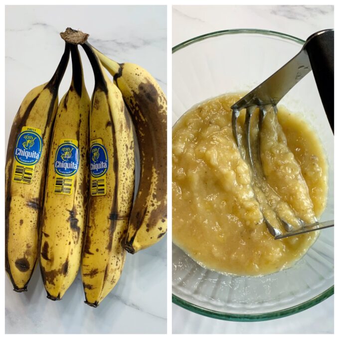 Ripe bananas being mashed for Chocolate Chip Banana Bread.