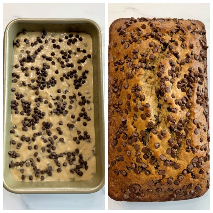A loaf of Chocolate Chip Banana Bread before and after being baked.