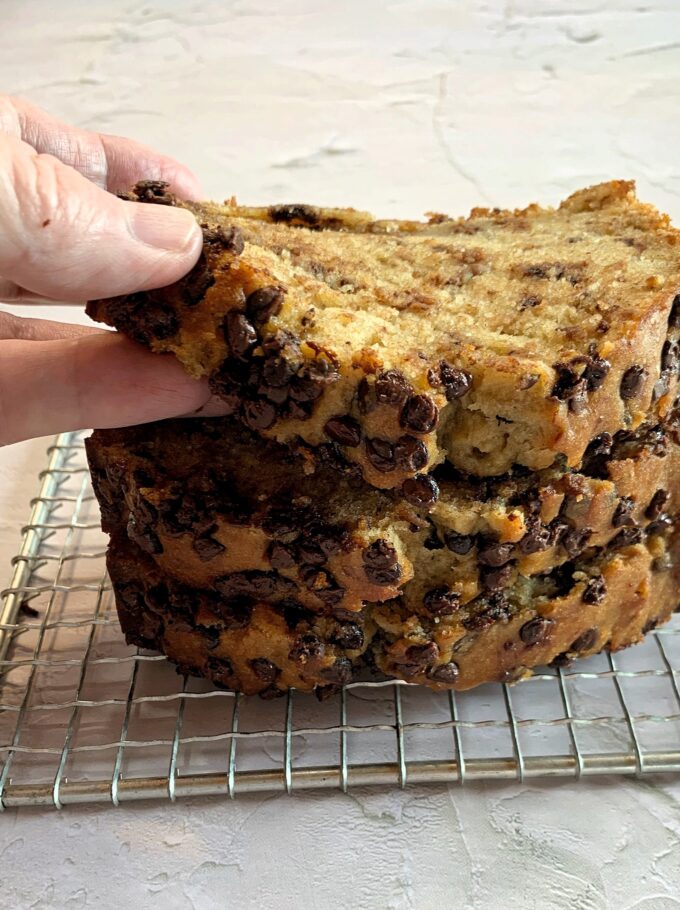 Stacked slices of Chocolate Chip Banana Bread.