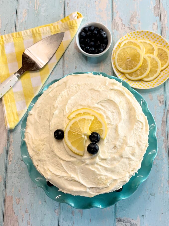 An overhead picture of Lemon Blueberry Cake on a plate.