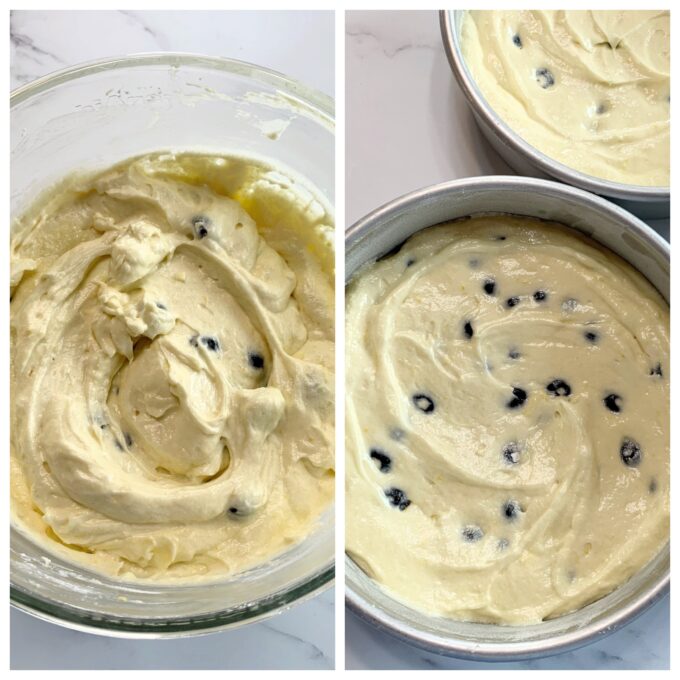 A bowl of Lemon Blueberry Cake batter and batter in cake pans.