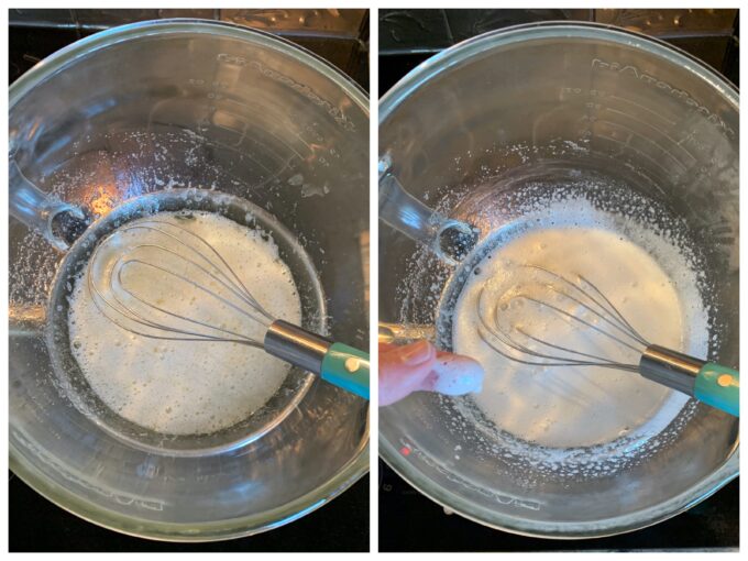 An egg white, sugar mixture being cooked for Swiss Meringue Buttercream.