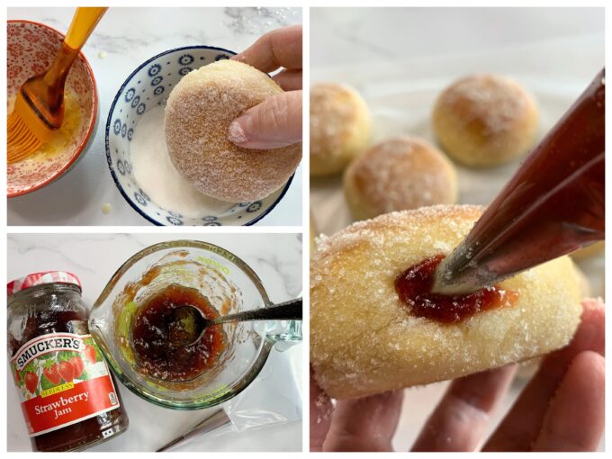 A collage showing baked jelly filled donuts getting dipped in sugar and filled with jelly.