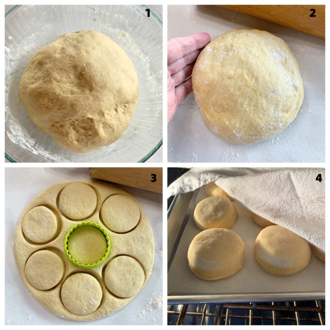 A collage picture showing the steps of baked jelly filled donuts rising and being cut.
