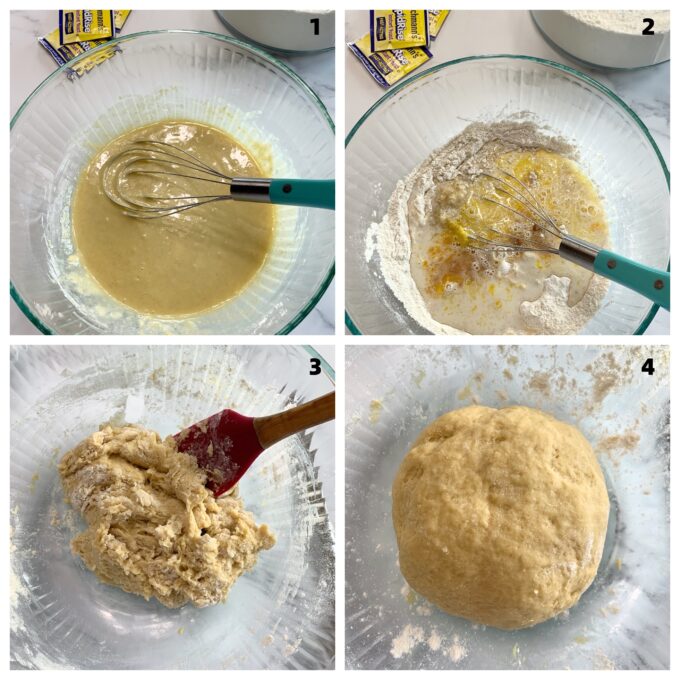 A collage showing four steps in mixing the dough for baked donuts.