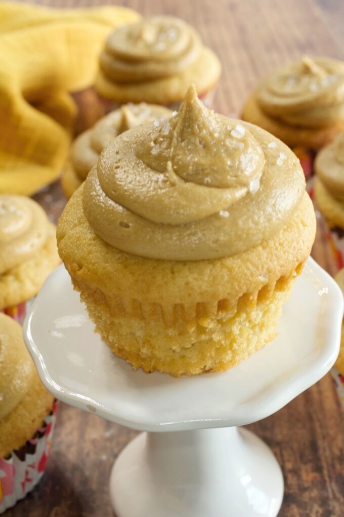 Butterscotch frosting on a cupcake.