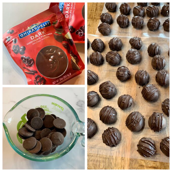 A collage picture of chocolate wafers and chocolate dipped Coconut Bon Bons.
