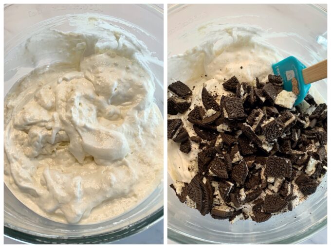 Cake batter for a cookies and cream sheetcake.