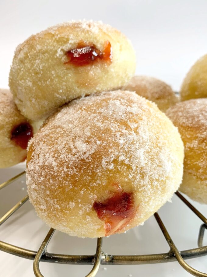 Baked Jelly Filled Donuts dipped in sugar.