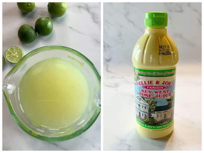 A measuring cup full and a bottle of Nellie and Joe's key lime juice.