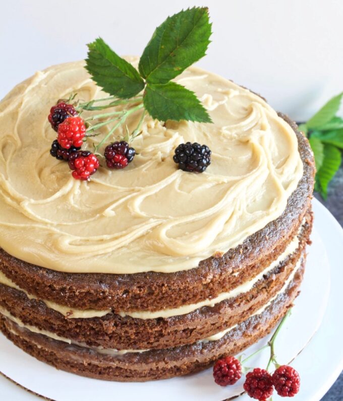 A homemade blackberry jam cake with caramel icing.