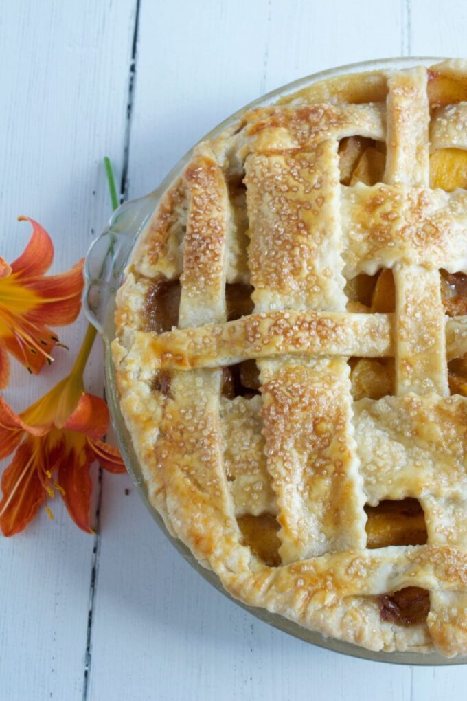 A lattice topped peach pie.