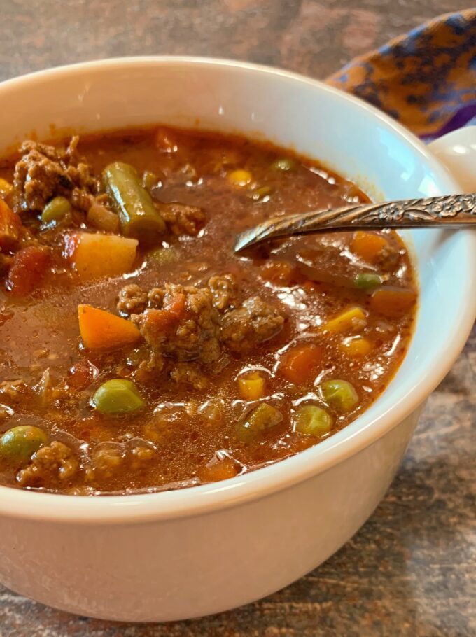 A bowl of hamburger soup.