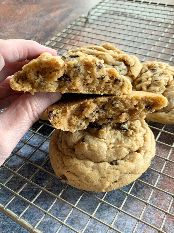 Thick and chewy peanut butter chocolate chip cookies.