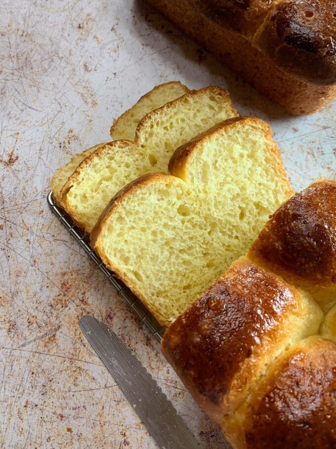 Challah bread baked in a loaf pan. Recipe in comments. : r/Breadit