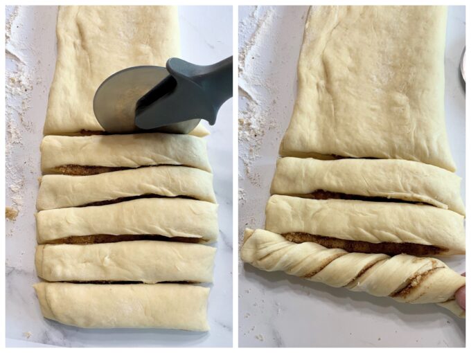 Strips of cinnamon twist dough being cut.