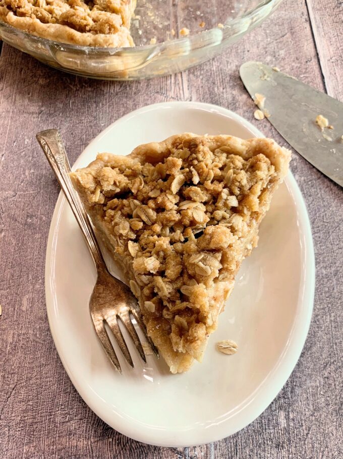A slice of apple streusel pie.