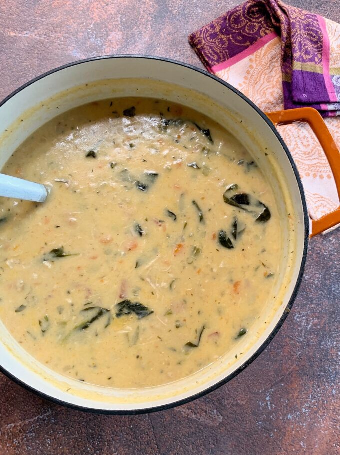 A pot of smoky bacon chicken gnocchi soup.