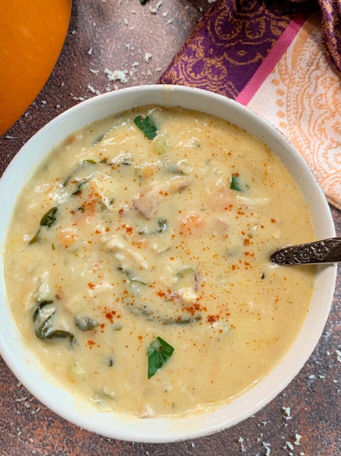 A bowl of Smoky Bacon Chicken Gnocchi Soup.