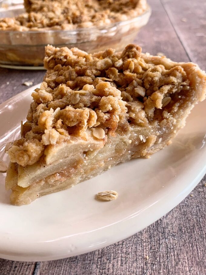 A slice of apple streusel pie.