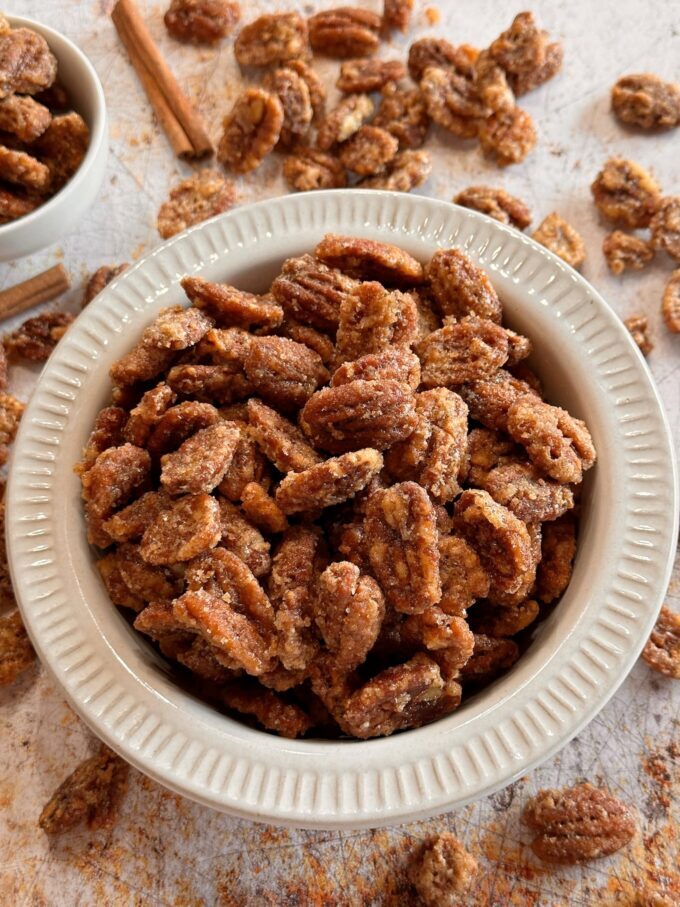 Sweet and salty candied pecans.