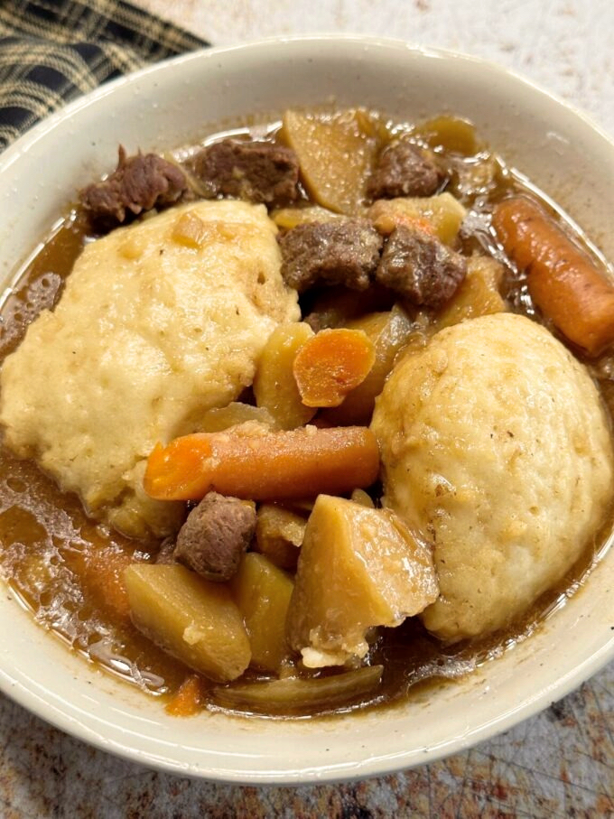 Slow Cooker Beef Stew with Buttermilk Dumplings.