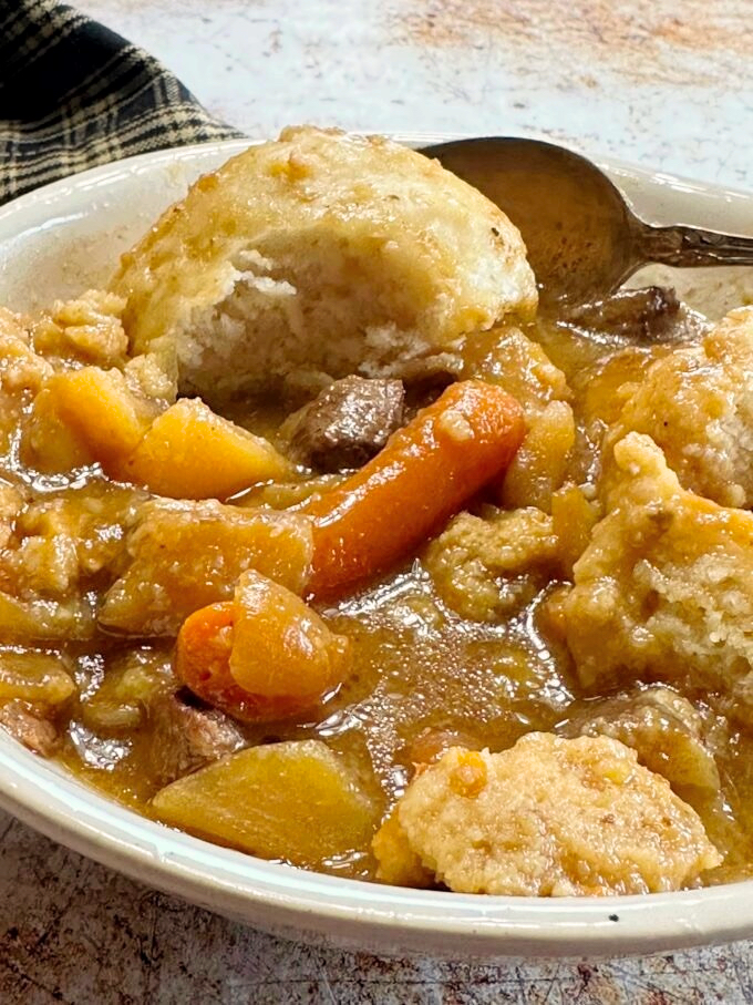 Slow Cooker Beef Stew with Buttermilk Dumplings.