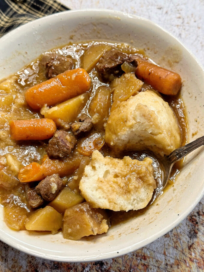 Slow Cooker Beef Stew with Buttermilk Dumplings.