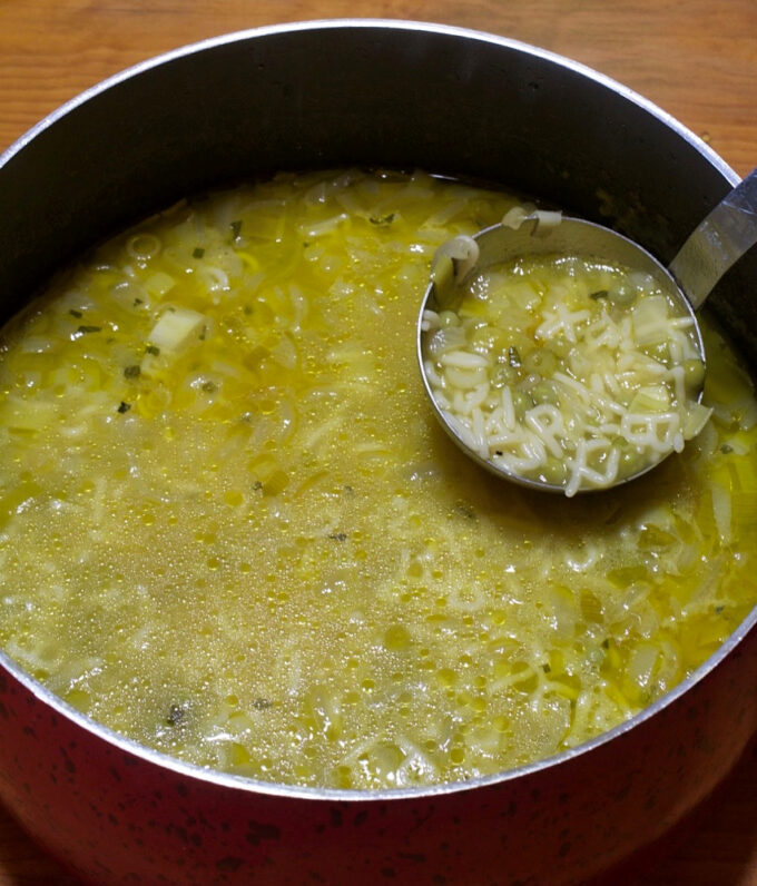 Spring onion alphabet soup.