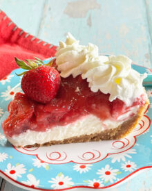 A slice of strawberry cream cheese pie.